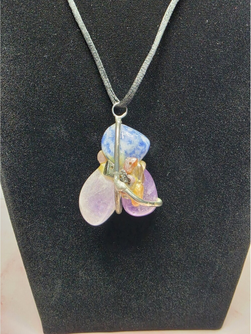 Vtg Mixed Gemstone Cluster Amulet Pendant Necklace Wire Wrapped Art
